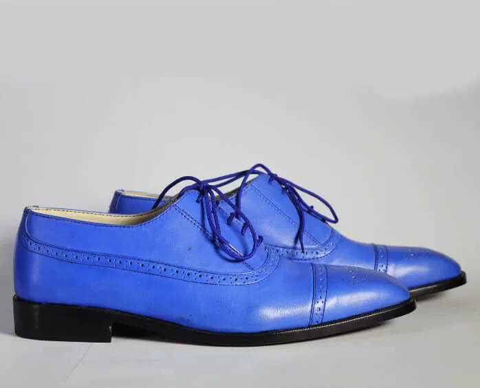 Awesome Handmade Men's Blue Leather Cap Toe Brogue Lace Up Shoes, Men Designer Dress Formal Luxury Shoes