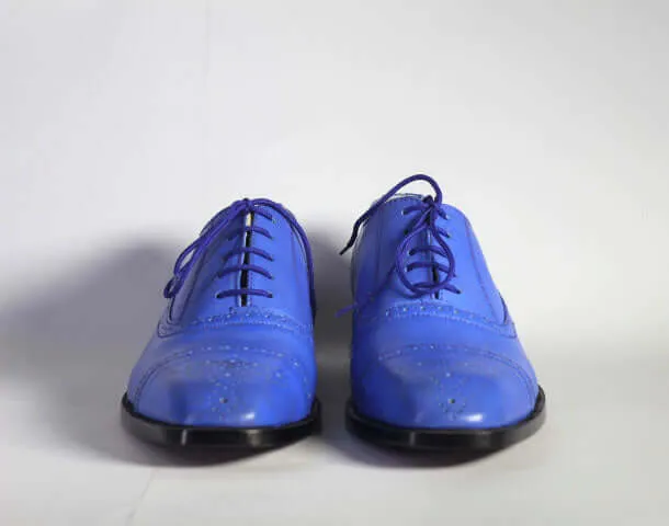 Awesome Handmade Men's Blue Leather Cap Toe Brogue Lace Up Shoes, Men Designer Dress Formal Luxury Shoes