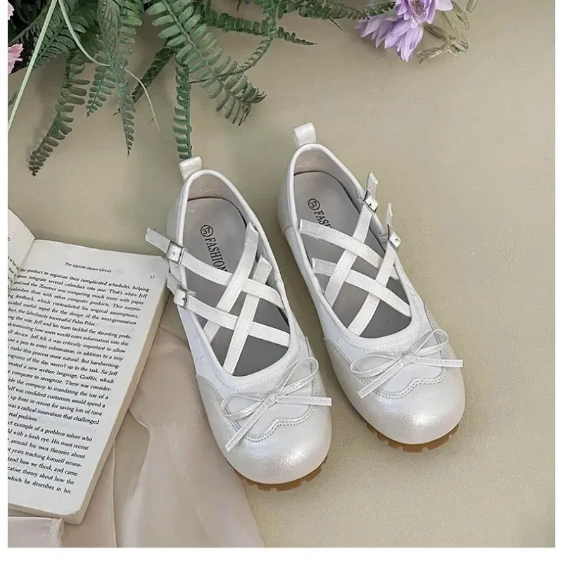 binfenxie  -  New Round Head Buckle Flat Women's Mary Jane Shoes Fashion Soft Sole Bow Decorated Woman Ballet Shoes Casual Walking Woman Shoes