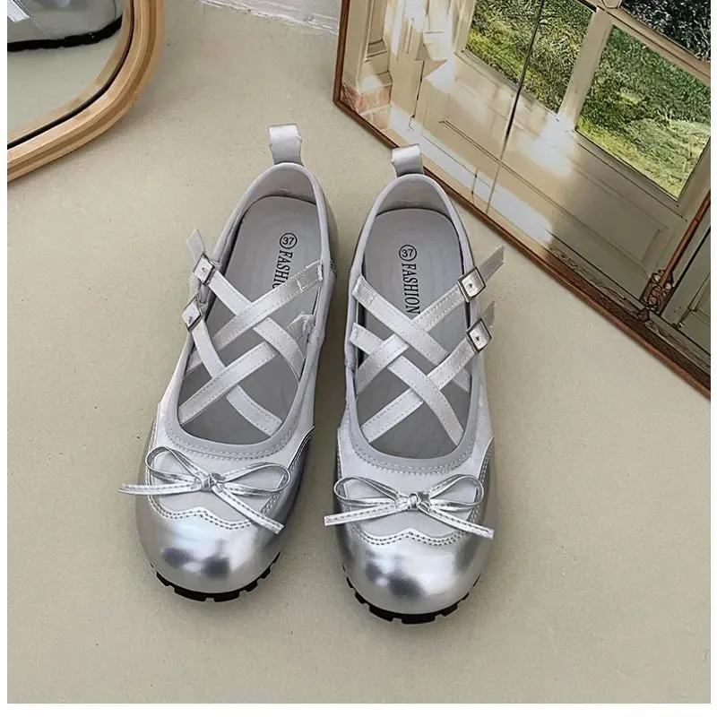 binfenxie  -  New Round Head Buckle Flat Women's Mary Jane Shoes Fashion Soft Sole Bow Decorated Woman Ballet Shoes Casual Walking Woman Shoes