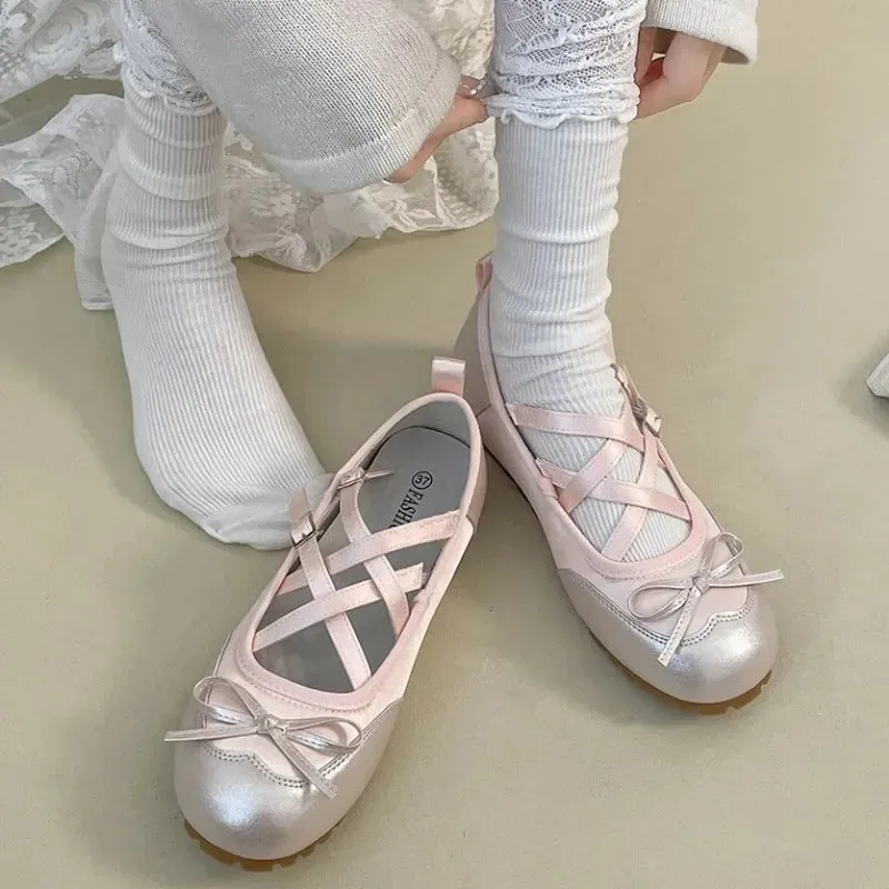 binfenxie  -  New Round Head Buckle Flat Women's Mary Jane Shoes Fashion Soft Sole Bow Decorated Woman Ballet Shoes Casual Walking Woman Shoes