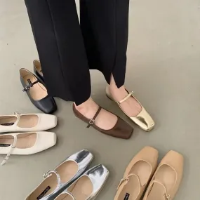 binfenxie  -  Spring Autumn Fashion Square Toe Ballet Shoes Mary Jane Shoes Low Heel Casual Silver Shallow Buckle Soft Sole Shoes Womens Shoes
