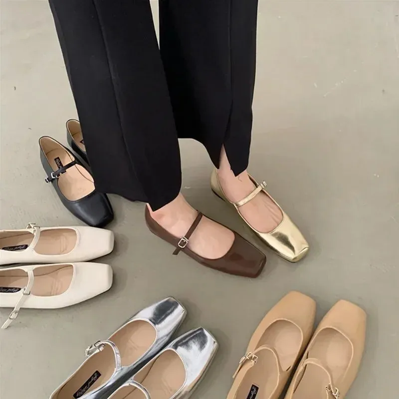binfenxie  -  Spring Autumn Fashion Square Toe Ballet Shoes Mary Jane Shoes Low Heel Casual Silver Shallow Buckle Soft Sole Shoes Womens Shoes