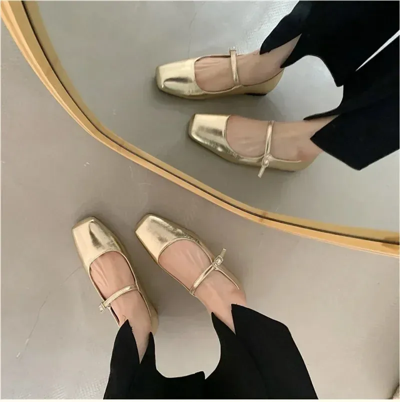 binfenxie  -  Spring Autumn Fashion Square Toe Ballet Shoes Mary Jane Shoes Low Heel Casual Silver Shallow Buckle Soft Sole Shoes Womens Shoes
