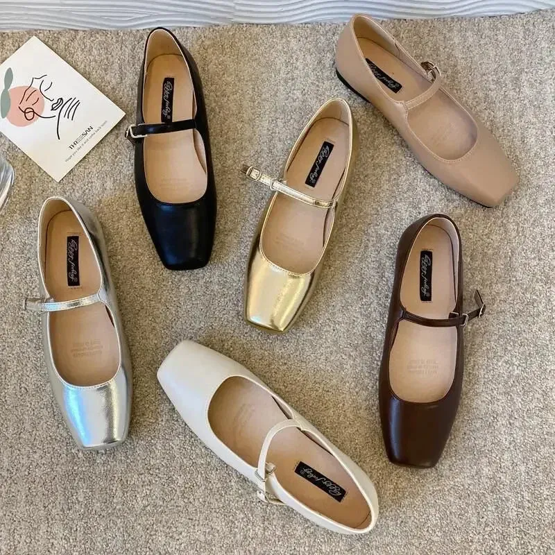 binfenxie  -  Spring Autumn Fashion Square Toe Ballet Shoes Mary Jane Shoes Low Heel Casual Silver Shallow Buckle Soft Sole Shoes Womens Shoes