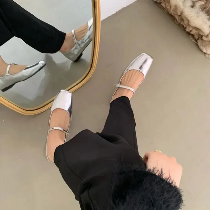 binfenxie  -  Spring Autumn Fashion Square Toe Ballet Shoes Mary Jane Shoes Low Heel Casual Silver Shallow Buckle Soft Sole Shoes Womens Shoes