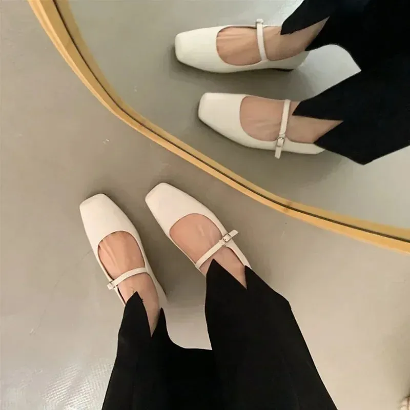 binfenxie  -  Spring Autumn Fashion Square Toe Ballet Shoes Mary Jane Shoes Low Heel Casual Silver Shallow Buckle Soft Sole Shoes Womens Shoes