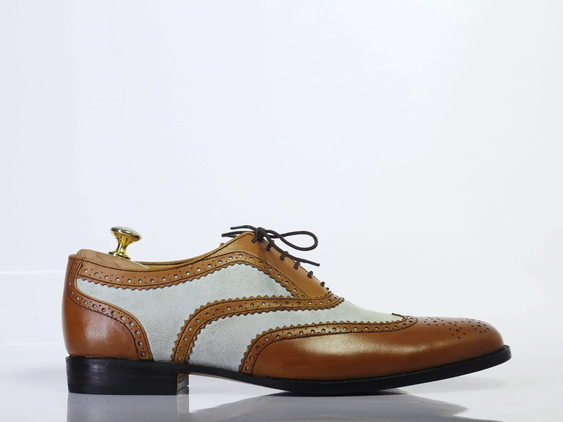 Handmade Men Brown White Wing Tip Brogue Shoes, Men Lace Up Leather Dress Shoes