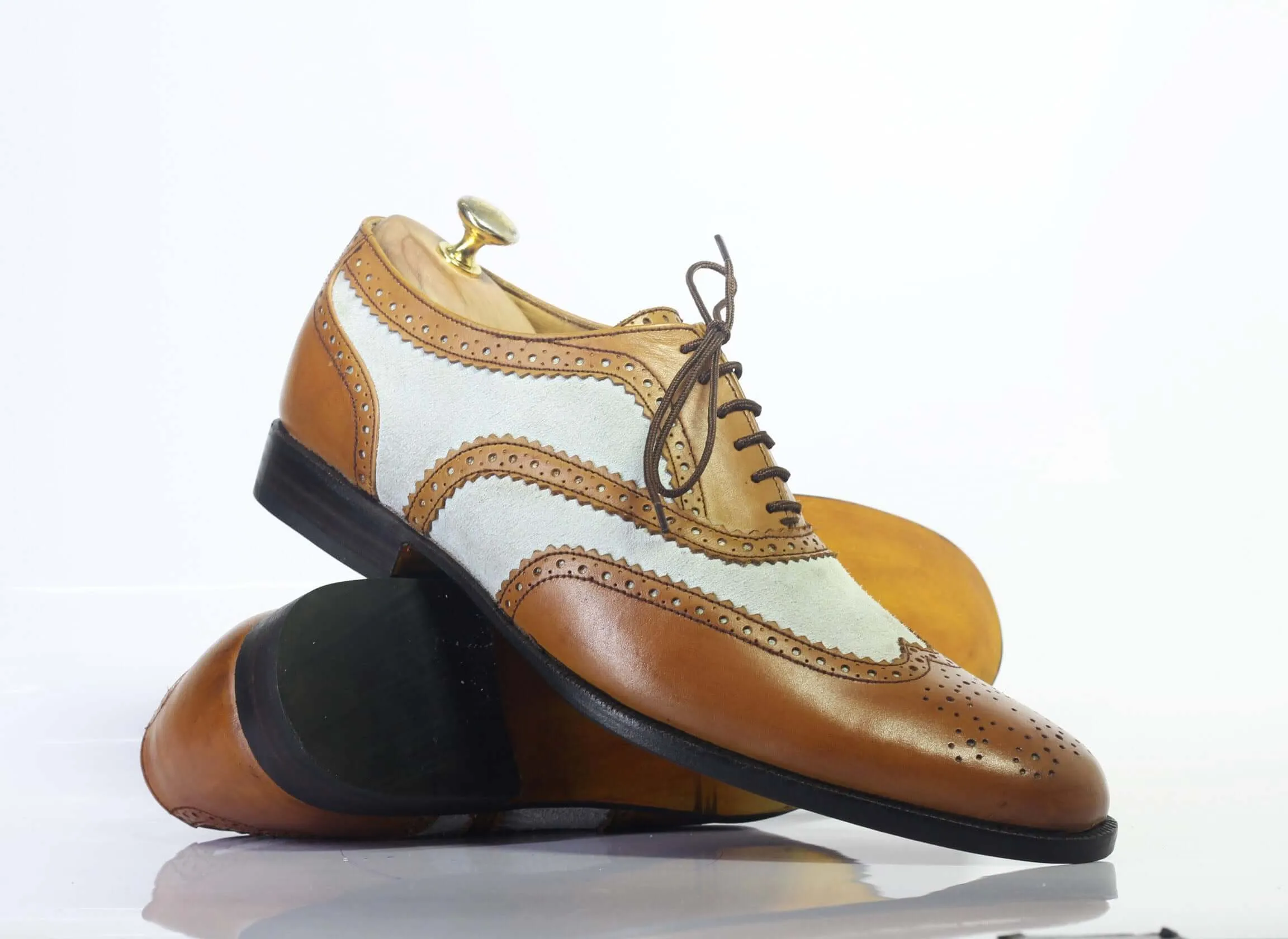 Handmade Men Brown White Wing Tip Brogue Shoes, Men Lace Up Leather Dress Shoes
