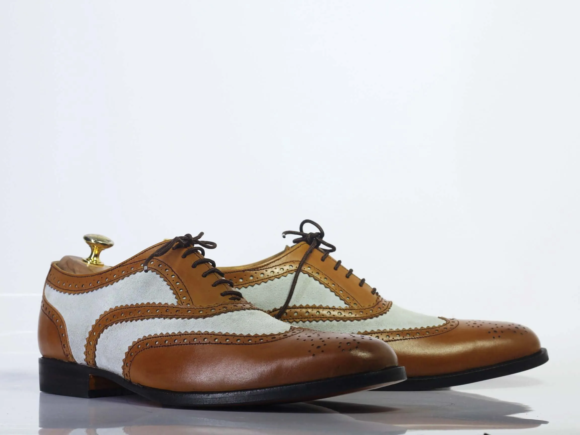 Handmade Men Brown White Wing Tip Brogue Shoes, Men Lace Up Leather Dress Shoes