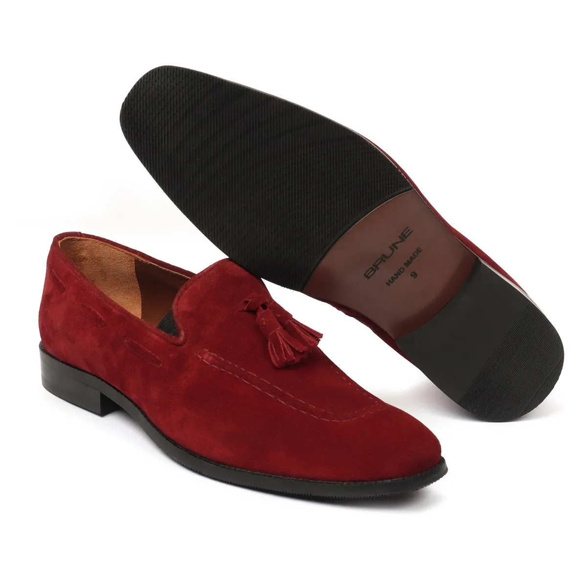 Men's Red Suede Leather Apron Toe Tassel Slip-ons by Brune & Bareskin