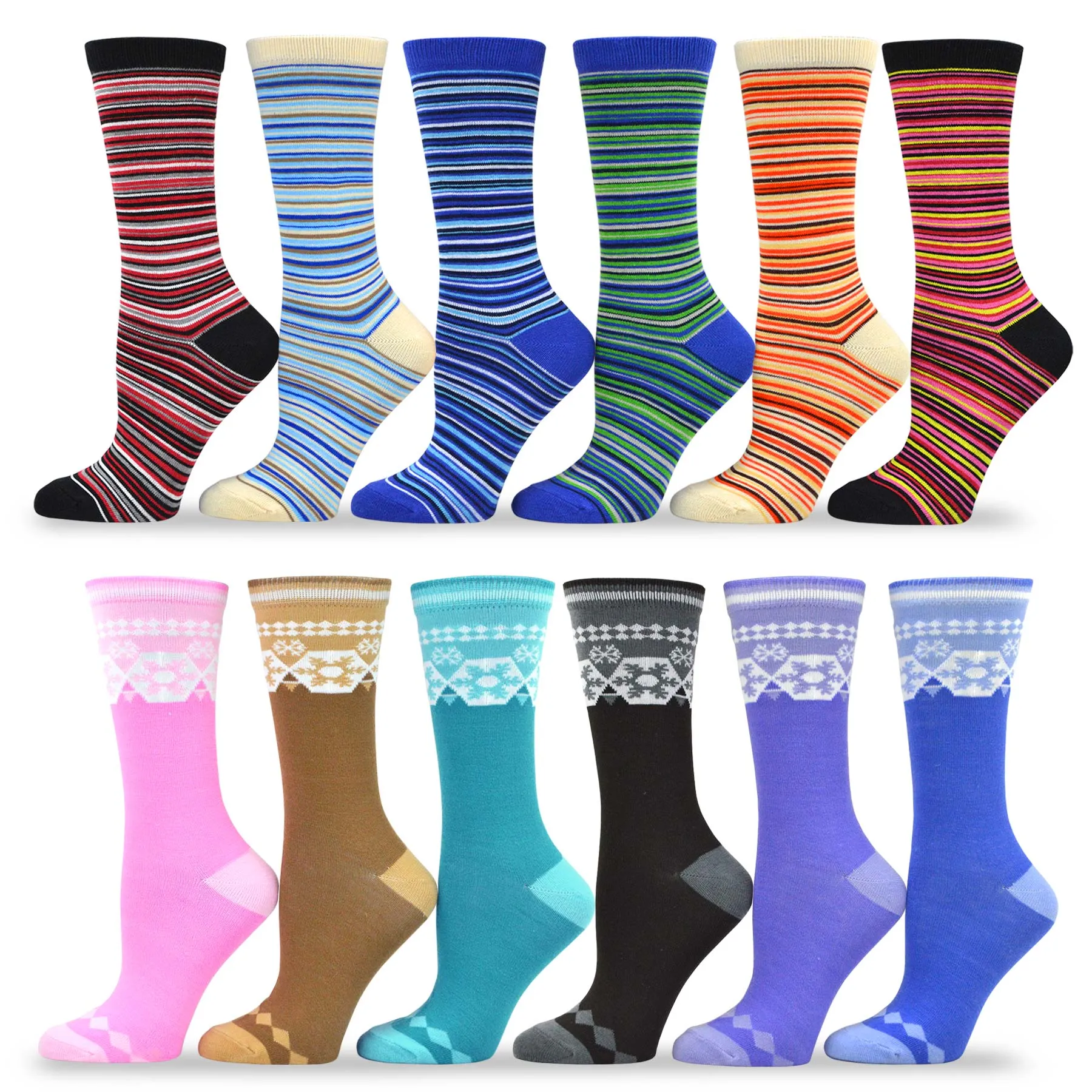 TeeHee Socks Women's Casual Polyester Crew Nordic/Ministripe 12-Pack (1119398)