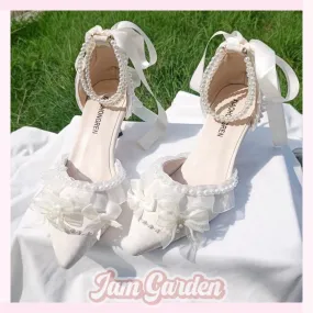 Wedding High-Heeled Shoes Thick-Heeled Bow Lolita Shoes Sandals Beige Gentle French Style