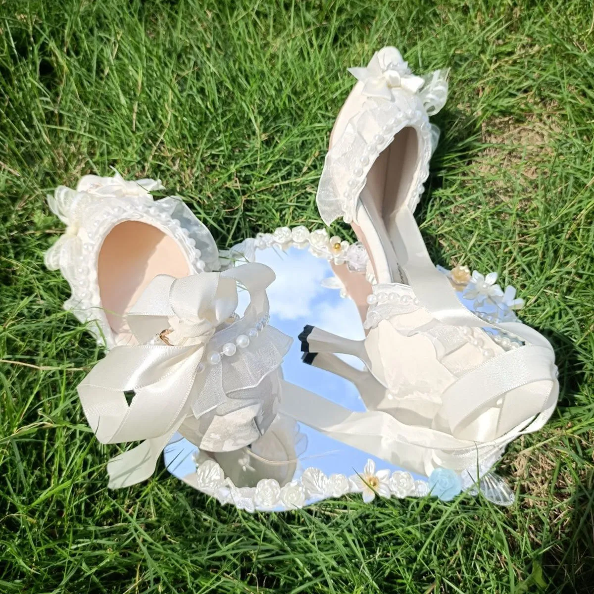 Wedding High-Heeled Shoes Thick-Heeled Bow Lolita Shoes Sandals Beige Gentle French Style