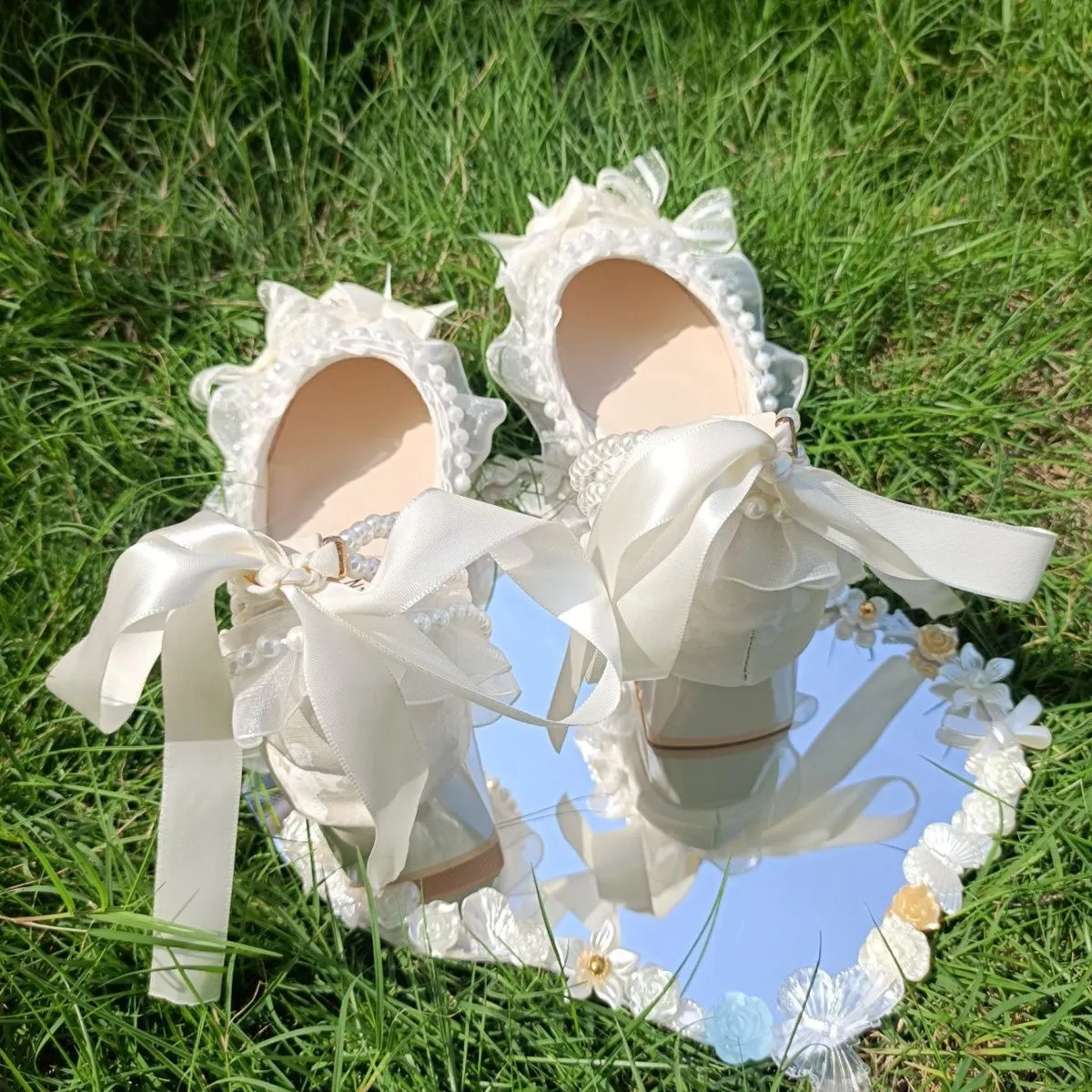 Wedding High-Heeled Shoes Thick-Heeled Bow Lolita Shoes Sandals Beige Gentle French Style