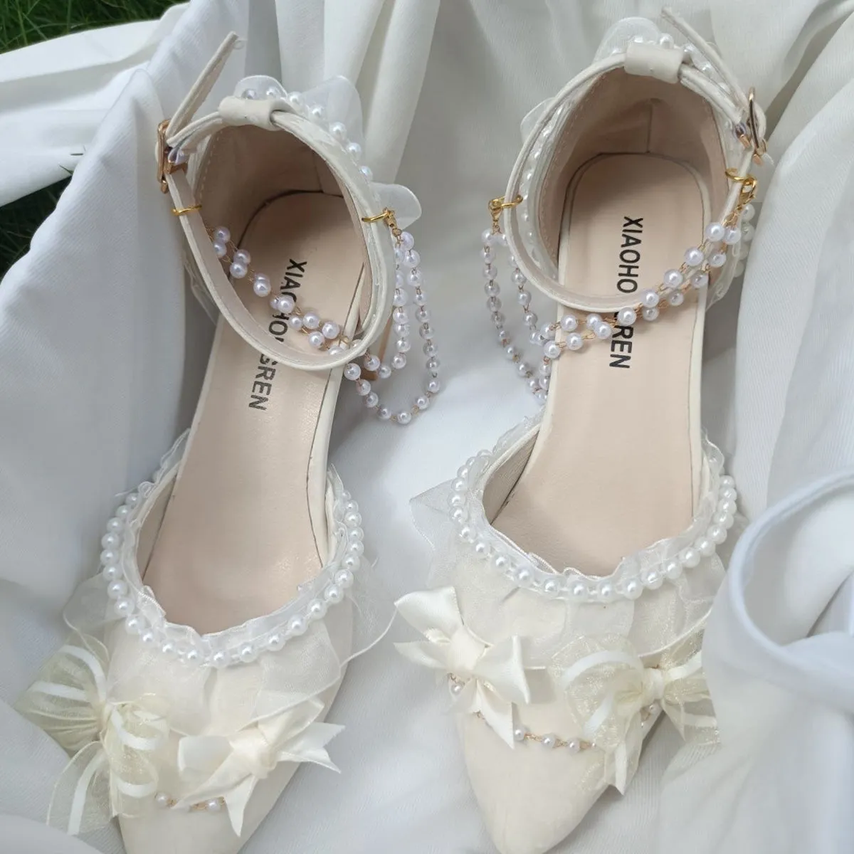 Wedding High-Heeled Shoes Thick-Heeled Bow Lolita Shoes Sandals Beige Gentle French Style