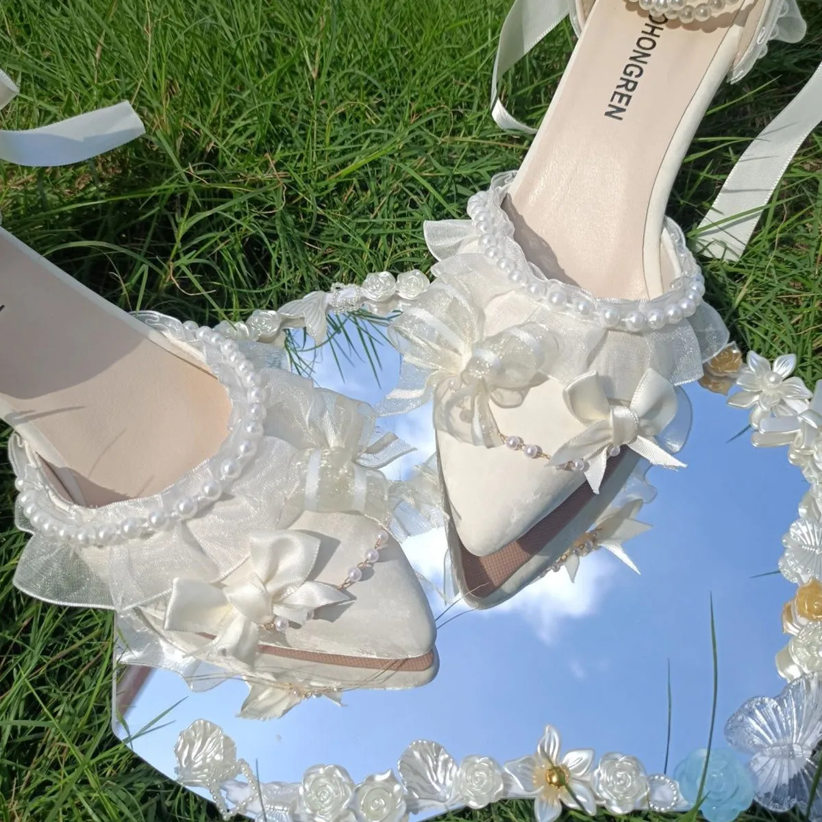 Wedding High-Heeled Shoes Thick-Heeled Bow Lolita Shoes Sandals Beige Gentle French Style